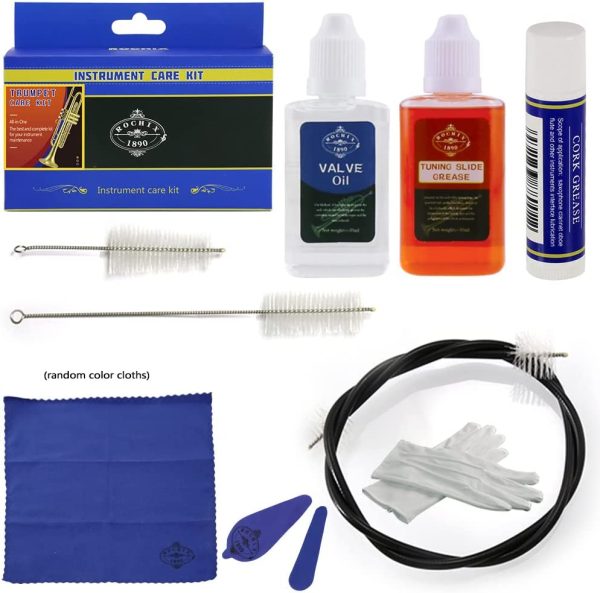 Rochix Trumpet/Cornet Care Cleaning Kit,Maintenance Kit,Valve Oil,Tuning Slide Grease,Flexible Brush,Valve Brush,Mouthpiece Brush,Cork Grease,Cleaning Cloth and More(Random Color Cloths) - Image 4