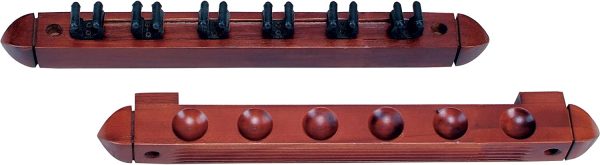 Standard 6 Pool Cue Stained Wood Wall Rack with Clips