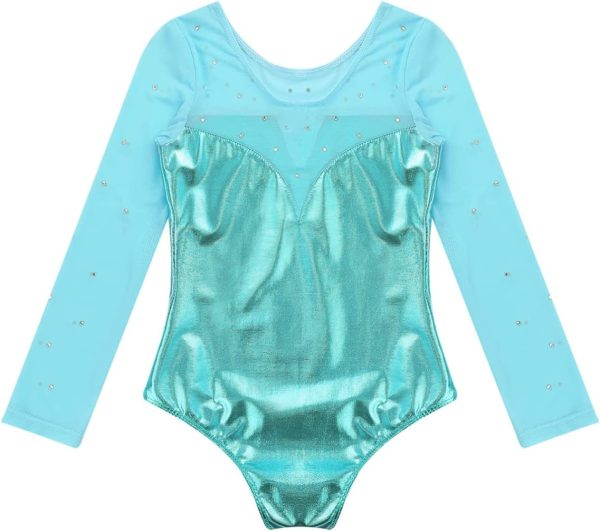 IEFIEL Kids Girls Shiny Rhinestone Mesh Long Sleeve Gymnastic Leotard Metallic Ballet Leotard Yoga Skating Bodysuit - Image 6