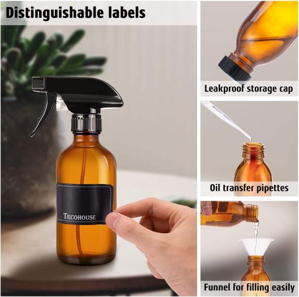 Tecohouse Glass Spray Bottle 250ml for Cleaning Product and Esssential Oil, Amber Empty Refillable Sprayer Container with Labels, Funnel, Lids, Graduated Pipettes - Handheld Size - Image 7