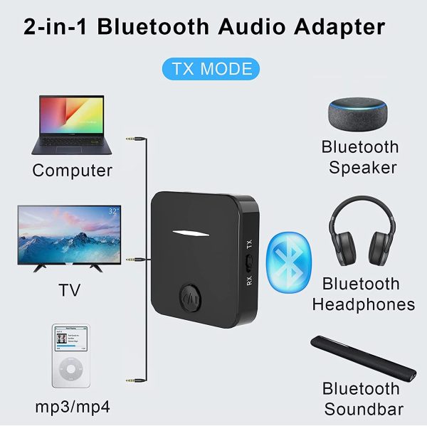 Bluetooth 5.0 Transmitter Receiver, 2-in-1 HiFi Portable Wireless Audio Bluetooth Adapter, with 3.5mm AUX, Suitable for car/TV/Headset/PC/Home Stereo Hands-Free Calls, Low Latency - Image 4