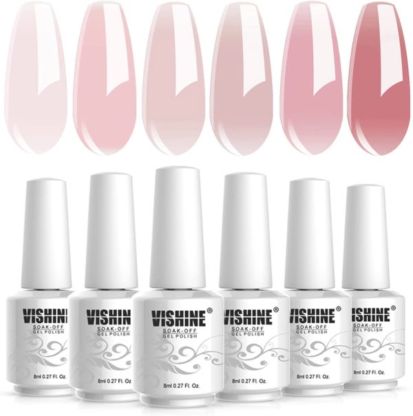 Vishine Nude Gel Polish Kit, Sheer Milky Pink Jelly Transparent Gel Nail Polish UV LED Gel Nail Gel Polish Varnish Nail Art DIY Saon 6Pcs 8ML - Image 5