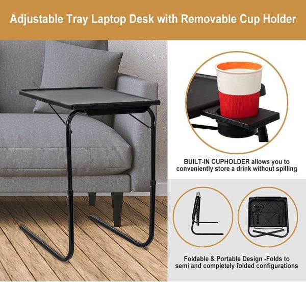 Foldable Table Adjustable Tray Portable Folding Laptop Desk Removable Cup Holder (Black) - Image 2