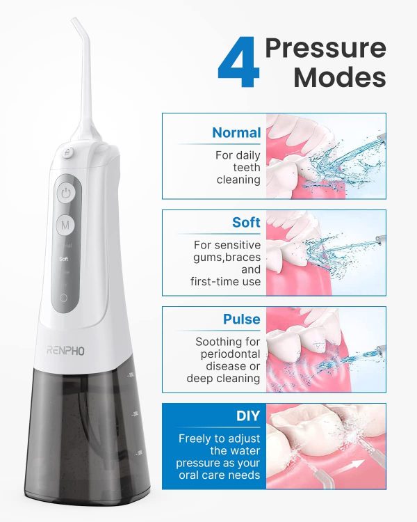 RENPHO Cordless Water Flosser, Professional Dental Oral Irrigator, 5 Tips 4 Modes (DIY Mode), Rechargeable IPX7 Waterproof, Portable Teeth Cleaner for Home Travel for Gums Braces Bridges Care with Bag - Image 7