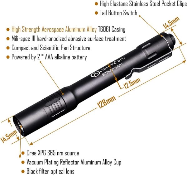 LIGHTFE UV Flashlight 365nm Purple Light Identification handheld Flashlight black UV torch AAA battery For Lamp -Spot Scorpions, Pet Urine, Counterfeit Money, Bed Bugs??(UV D11-365nm) - Image 5