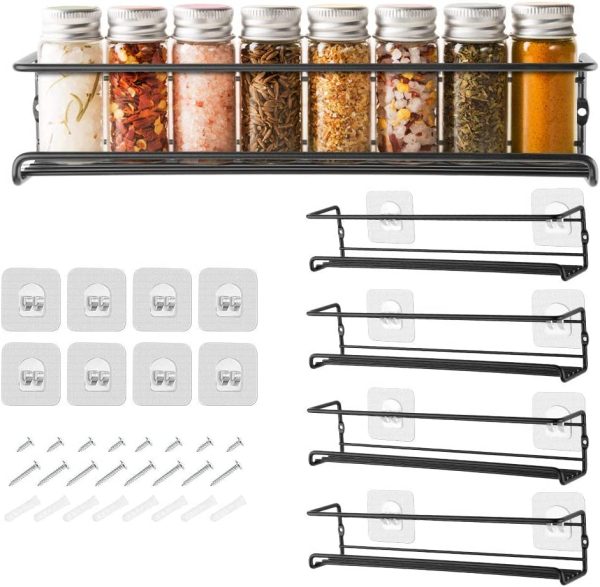 Spice Racks Organiser - 4 Tier Hanging Stainless Steel Spice Racks Wall Mounted with Adhensive Stickder & Screws - Kitchen & Pantry Shelf for Spices and Condiments, Spice Jars (Black) - Image 3