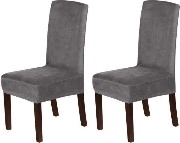 Stretch Velvet Dining Chair Covers Set of 2 Chair Covers for Dining Room Parsons Chair Slipcover Chair Protectors Covers Dining, Feature Thick Soft Velvet Fabric, Grey (VIC 3131) - Image 5