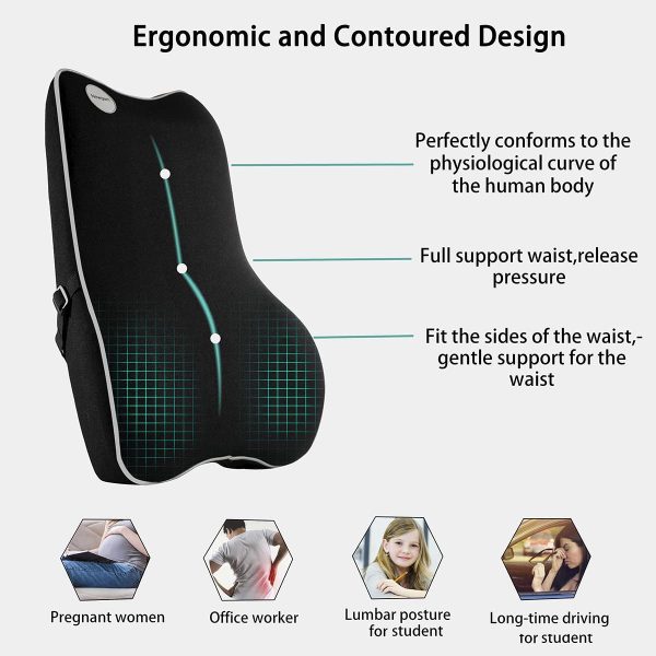 Lumbar Support Pillow,Pure Memory Foam Back Cushion Orthopedic Backrest with Breathable 3D Mesh for Car Seat,Office Chair,Computer Chair,Wheelchair and Recliner.Ergonomic Design for Back Pain Relief