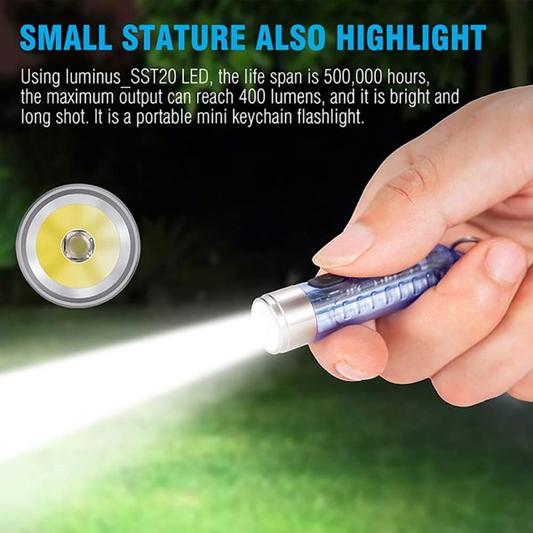 Mini Led Flashlight, Handheld Flashlight, 400 Lumens Outdoor EDC Rechargeable High Bright Multi-Functional Keychain Flashlight, with UV Light and Warning Light, P65 Water Resistant for Camping Hiking (White) - Image 8