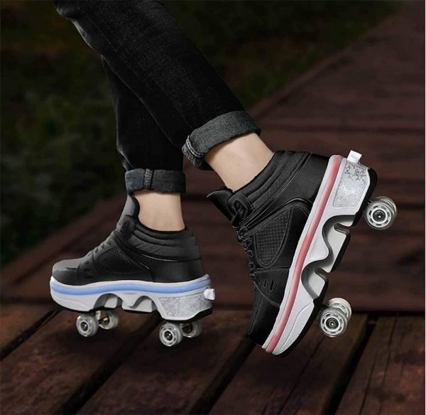 LDTXH Double-Row Deform Wheel Automatic Walking Shoes Invisible Deformation Roller Skate 2 in 1 Removable Pulley Skates Skating Rollerskates Outdoor Parkour Shoes with Wheels for Girls Boys - Image 3