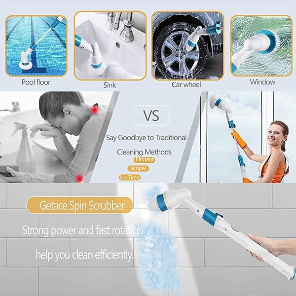 Electric Bathroom Spin Scrubber, Cordless Chargeable Spin Scrubber Turbo Scrub Cleaning Brush with 3 Replaceable Brush Heads and 1 Extension Arm, for Tub Kitchen Bathroom Tile