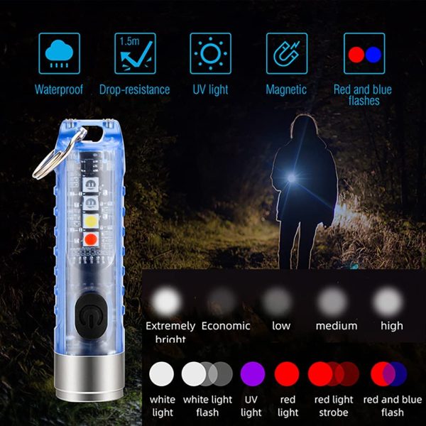 Mini Led Flashlight, Handheld Flashlight, 400 Lumens Outdoor EDC Rechargeable High Bright Multi-Functional Keychain Flashlight, with UV Light and Warning Light, P65 Water Resistant for Camping Hiking (White) - Image 7