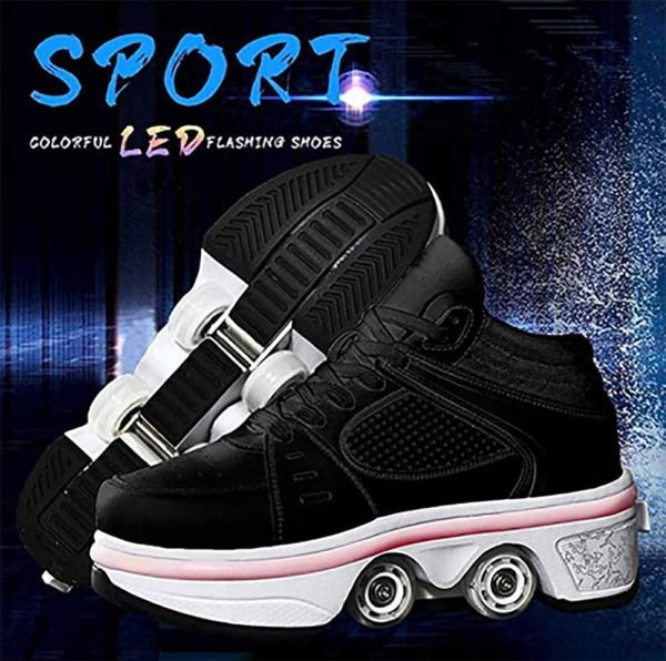 LDTXH Double-Row Deform Wheel Automatic Walking Shoes Invisible Deformation Roller Skate 2 in 1 Removable Pulley Skates Skating Rollerskates Outdoor Parkour Shoes with Wheels for Girls Boys