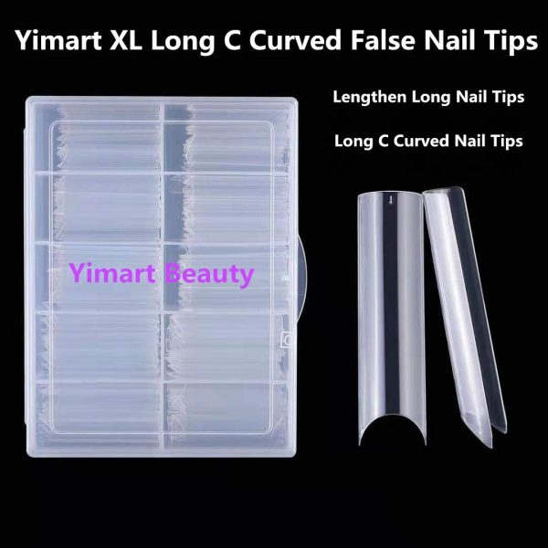 Yimart Long C Curved False Nail Tips - Lengthen C Curved Nail Tips - Long C Curve False Nails - 200pcs/box XL Lengthen C Curve Fake Nails Premium Square French Acrylic Nail Tips (Clear With Box) - Image 2