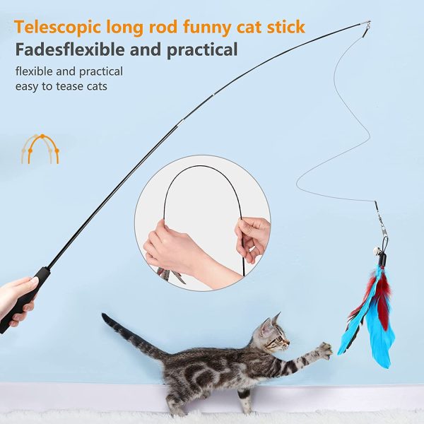 Hianjoo Feather Teaser Cat Toy Set 12 pcs, Interactive Toys for Cats 2 Retractable Cat Wand Funny Sticks and 10 Replacement Feather Teaser with Bell for Kitten Cat Catcher Having Fun Exercise Playing - Image 6