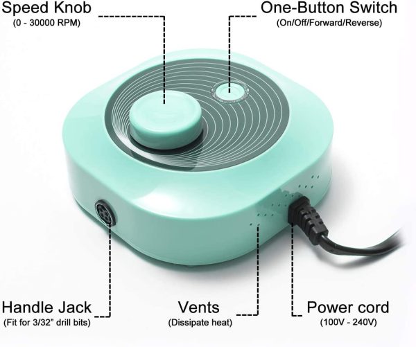 Professional Nail Drill, Madenia 30000rpm Compact Efile, Portable Electric Nail File for Acrylic Gel Nails, 100-240V, Green - Image 7