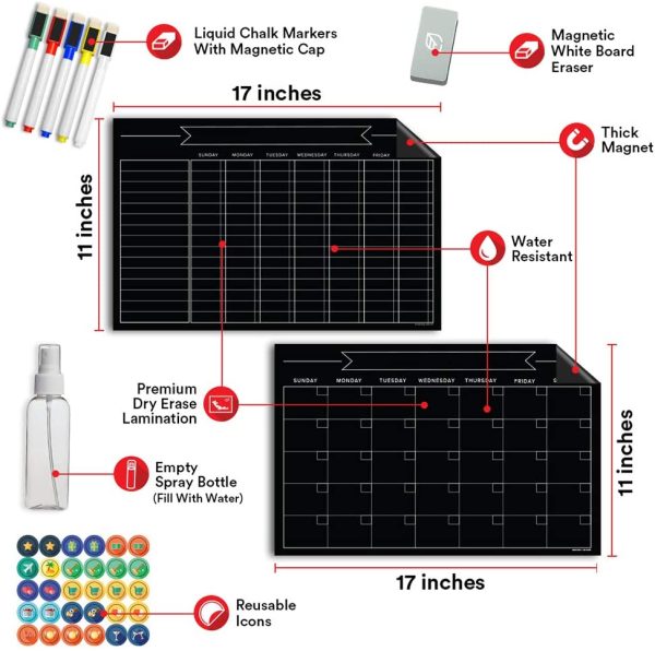 Magnetic Chore Chart Chalkboard & Reusable Dry Erase Calendar Set ?C Organizational Reward Planner - Family Planning Board - Kids Responsibility Reward Cleaning Chart ?C 11?? x 17?? () - Image 2