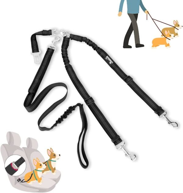 SlowTon Double Dog Seat Belt and Dog Leash Set, Dual Detachable Pet Car Seatbelt and Pet Lead for Two Dogs, Adjustable Safety Belt and Leash with Elastic Reflective Stripe Connect with Dog Harness