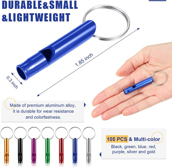 Set of 105 Aluminum Emergency Whistle with Keychain Safety Survival Whistle Sturdy Light Whistle Keychain Whistle Key Ring Loud Sound Camping Signal Whistles for Women Defense Hiking Alarm, 7 Colors - Image 6