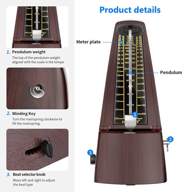 Neewer NW-707 Square Wind up Mechanical Metronome with Accurate Timing and Tempo for Piano Guitar Bass Drum Violin and Other Musical Instruments, Ideal for Music Lovers, Beginners or Musicians - Image 7