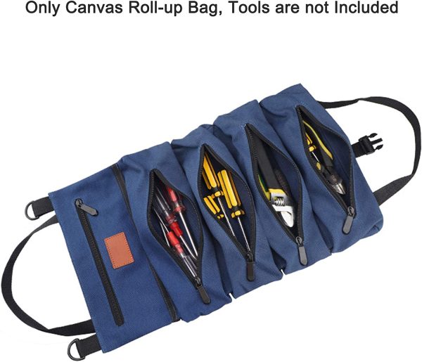 Canvas Roll-up Tool Bag, Multi-Purpose Tool Roll Pouch Tool Organizer with 5 Zipper Pockets Carrier Bag for Car Motorcycle Storaging Wrenches, Sockets, Screwdrivers