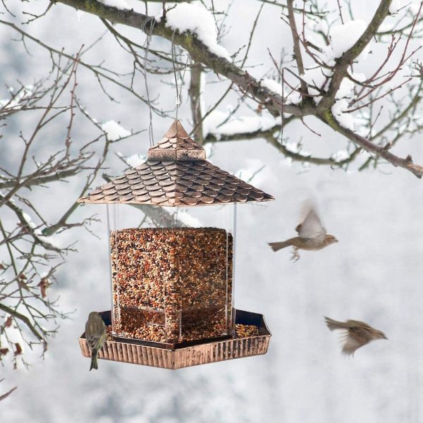 Hexagon Gazebo Bird Feeders Heavy Duty Squirrel Proof Seed Stations Plastic Hanging Wild Bird Food Container Bird Feeder with Waterproof for Outdoor Pet Supplies Garden Decoration (Gold) - Image 4