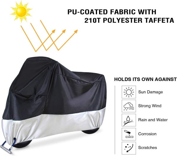 Motorcycle Cover,  All Season Waterproof Snowproof Motorbike Covers with Lock Holes, Fits up to 108"/274cm Motors Bikes Scooters for Honda, Yamaha, Suzuki, Harley, Kawasaki, Black-Silver - Image 3