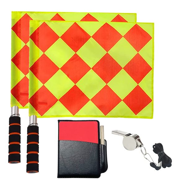 CORECISE Soccer Referee Flag Set,Match Football Linesman Flags,Red Yellow Cards with Notebook and Pencil,Coach Referee Stainless Steel Whistles with Lanyard for Sports, Soccer, Football, Basketball (Style 1)