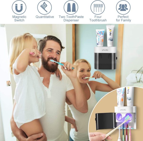 Toothbrush Holder Wall Mounted Automatic Toothpaste Dispenser Dustproof Cover Toothbrush Holder for Shower Bathroom Set with 2 Toothpaste Squeezers - Black - Image 3