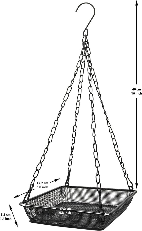 Ivymore Square Hanging Bird Feeder with 4 Chains and Hook - Heavy Duty Lightweight Black Coated Metal Wire Mesh Tray Dish for Wild Bird Seed Feeding - Complete with Plastic Soda Bottle Feeder - Image 3