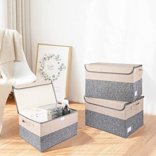 Storage Bins with Lids set of 3 Foldable Storage Boxes with Lids Storage Baskets Storage Containers Organizers with for Toys,Clothes and Books (15.7 x 11 x 9.8 inches, Grey and Beige) (2PCS) - Image 4