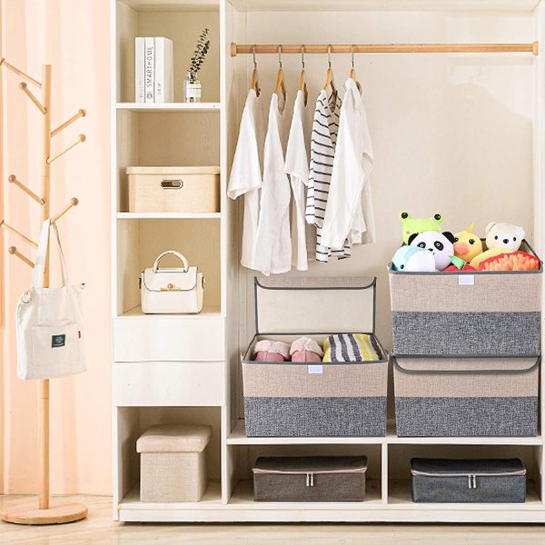 Storage Bins with Lids set of 3 Foldable Storage Boxes with Lids Storage Baskets Storage Containers Organizers with for Toys,Clothes and Books (15.7 x 11 x 9.8 inches, Grey and Beige) (2PCS) - Image 6