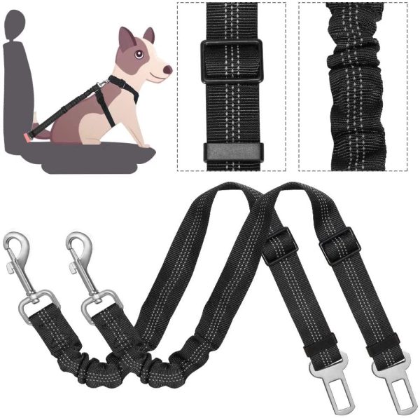 Dog Car Seat Belt, SlowTon 2 Pack Pet Car Safety Seatbelt Harness Vehicle Adjustable Resistant Lead Leash with Elastic Nylon Bungee Buffer, Reflective Stitching, Adjustable (Black) - Image 4