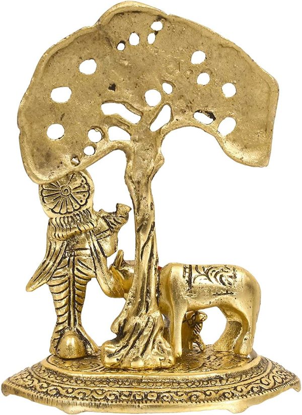 Tied Ribbons Lord Krishna with Cow and Calf Under Tree Idol Brass Murti- Home Decoration Item and Home Gifts - Image 2