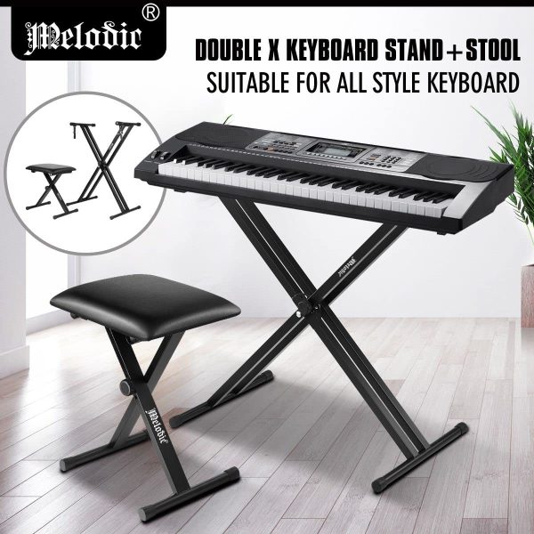 Melodic Adjustable Keyboard Stand Portable Piano Stool X-Shaped Bench Seat Set - Image 7