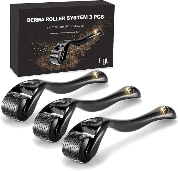 Derma Roller Microneedle FYL 3 Pack Derma Roller Kit (0.5mm/1.0mm/1.5mm) 540 Titanium Microneedling for Hair Loss Beard Growth Anti Ageing Skin Wrinkles Scar Body Stretch ((0.5mm+1.0mm+1.5mm)) - Image 3