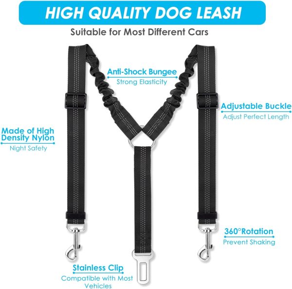 SlowTon Double Dog Seatbelt, Dual Pet Car Seat Belt Adjustable Double Dog Coupler Lead with Elastic Bungee and Reflective Stripe No Tangle Safety Belt Splitter in Vehicle for Two Pets Trip Travel (Black) - Image 7