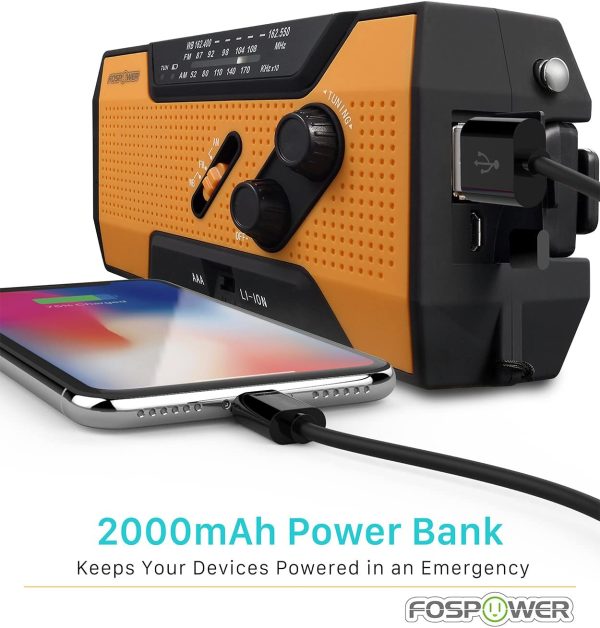 Solar Crank Radio Model A1 for Emergency with AM/FM, Flashlight, Reading Lamp and 2000mAh Power Bank - Orange (Includes Carabiner) IPX3 - Image 7