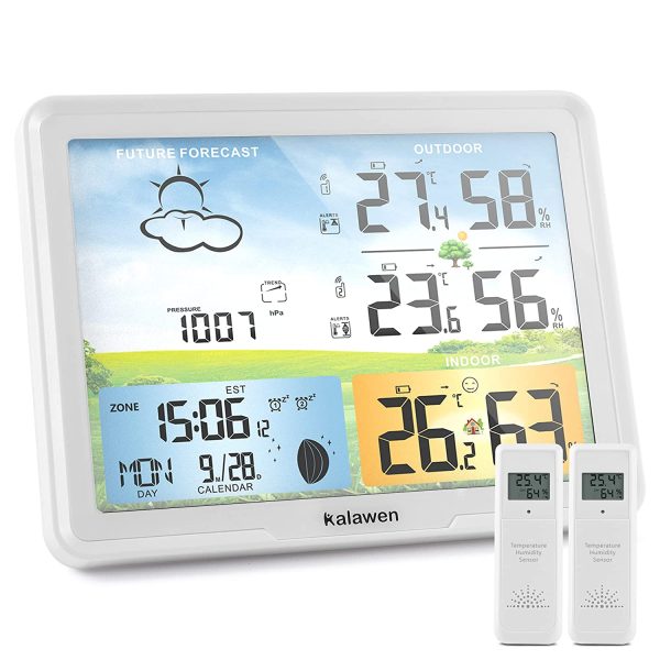 Kalawen Weather Station for Home with 2 Wireless Outdoor Sensor Digital Colour Weather Station Indoor Outdoor with Temperature Humidity Atomic Clock Forecast Station and Calendar - Image 5