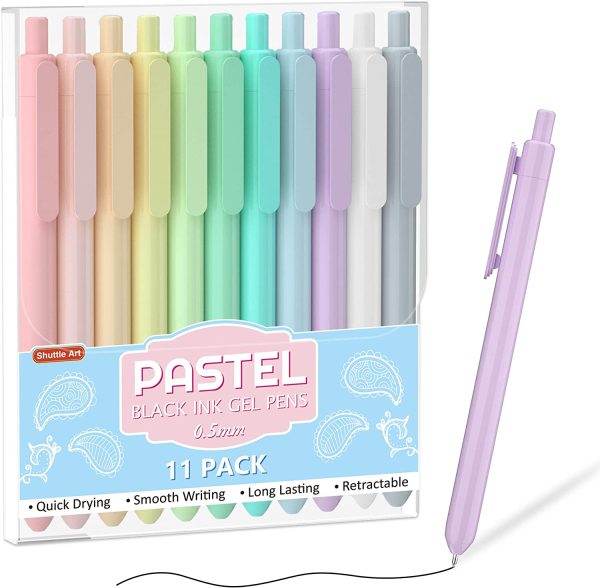 Retractable Pastel Gel Ink Pens,  11 Pack Black Ink Pens, Cute Pens 0.5mm Fine Point for Writing Journaling Taking Notes School Office Home