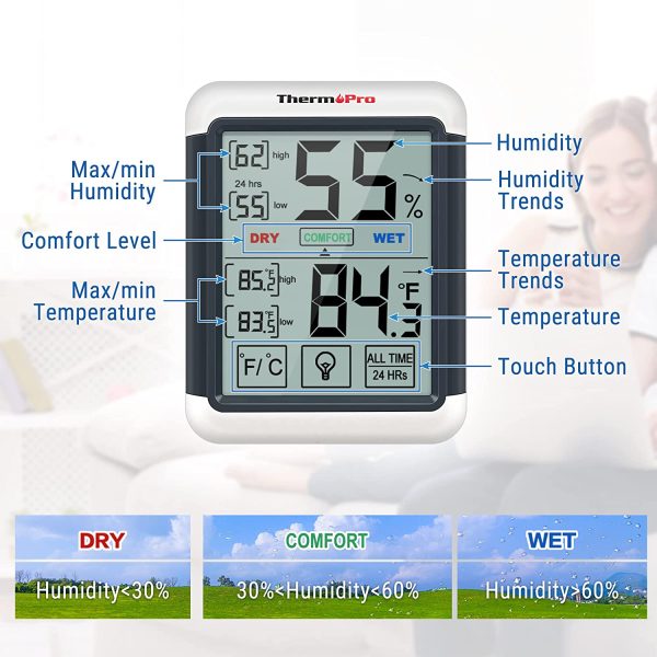 ThermoPro TP55 Digital Hygrometer Indoor Thermometer Humidity Gauge with Jumbo Touchscreen and Backlight Temperature Humidity Monitor - Image 6