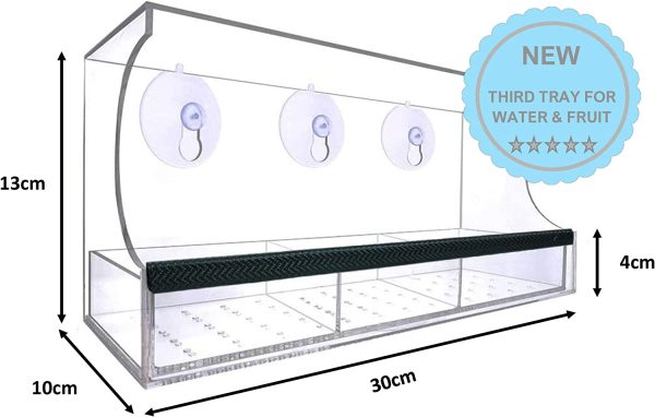 Fun Interactive Outdoors Window Bird Feeder - Clear Hanging - New Third Tray for Water, Fruit and Bird Seeds ?C Easy Clean, Non-Permanent Strong Suction Cups, Drain Holes, Great Gift Idea