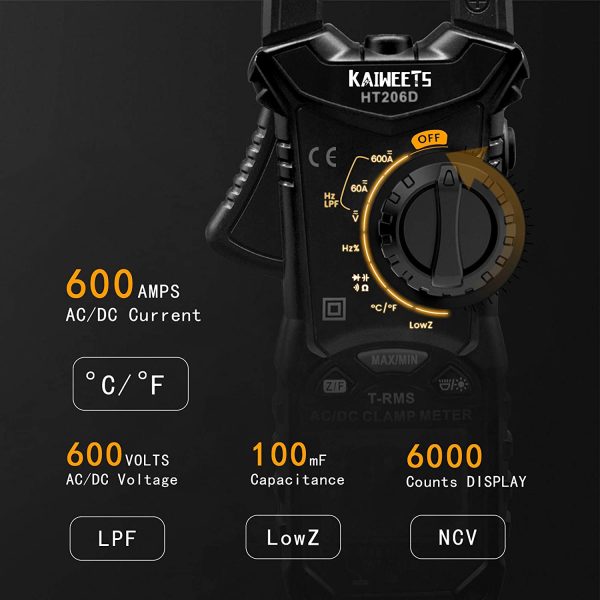 KAIWEETS Digital Clamp Meter T-RMS 6000 Counts, Multimeter Voltage Tester Auto-ranging, Measures Current Voltage Temperature Capacitance Resistance Diodes Continuity Duty-Cycle (AC/DC CURRENT) - Image 2