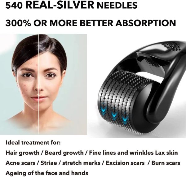 Derma Roller Kit For Hair and Beard Growth 540 Micro REAL SILVER Needles 0.3mm Anti Ageing Wrinkles Scar Stretch Marks Hair Loss Suitable for man & Women Factory Direct - Image 3