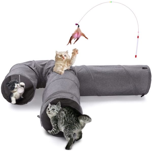 Ownpets Cat Tunnel Large 3 Way Collapsible Cloth Pet Tunnel Tube with Plush Ball & Feather Toy, U-Shaped Cat Play Tunnel for Indoor Cat, Puppy, Kitty, Kitten, Rabbit(Gray) - Image 6