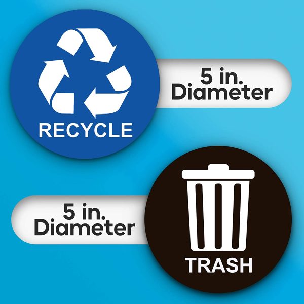 Recycle Sticker for Trash Can - Perfect Bin Labels - 5" by 5" - Ideal Signs for use on Home or Office Refuse Bins - Suitable for Indoor and Outdoor use - 2 Pack - Blue for Recycling, Black for Trash - Image 5