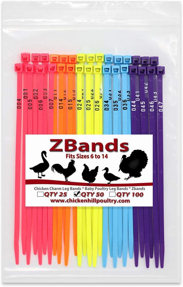 Chicken Hill 50 ZBand Numbered Poultry Leg Bands Fluorescent ~ Fits Sizes 6 to 14