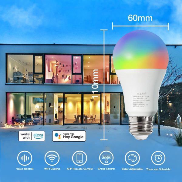 Smart Light Bulbs, A60, E27 Base, 9 Watts, Dimmable RGBCW Color Changing LED Light Bulbs, WiFi 2.4GHz, Compatible with Alexa & Google Home Assistant, 2700K-6500K, No Hub Required, 2 Pack - Image 8