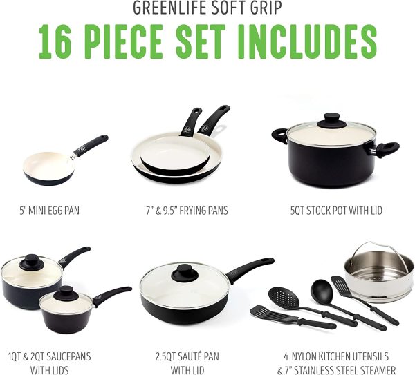 Soft Grip Healthy Ceramic Nonstick, 16 pc Cookware Pots and Pans Set, PFAS-Free, Dishwasher Safe, Black & Cream - Image 8