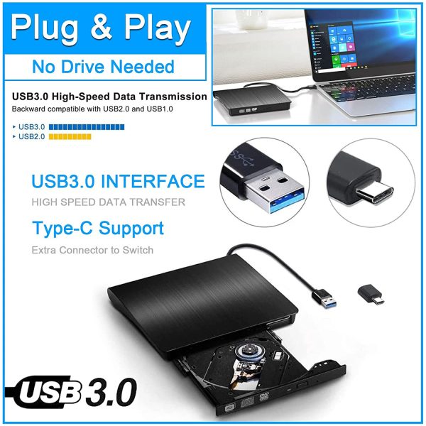 USB 3.0/Type-C Slim External DVD RW CD Writer Drive Burner Reader Player Optical Drives for Laptop PC - Image 5